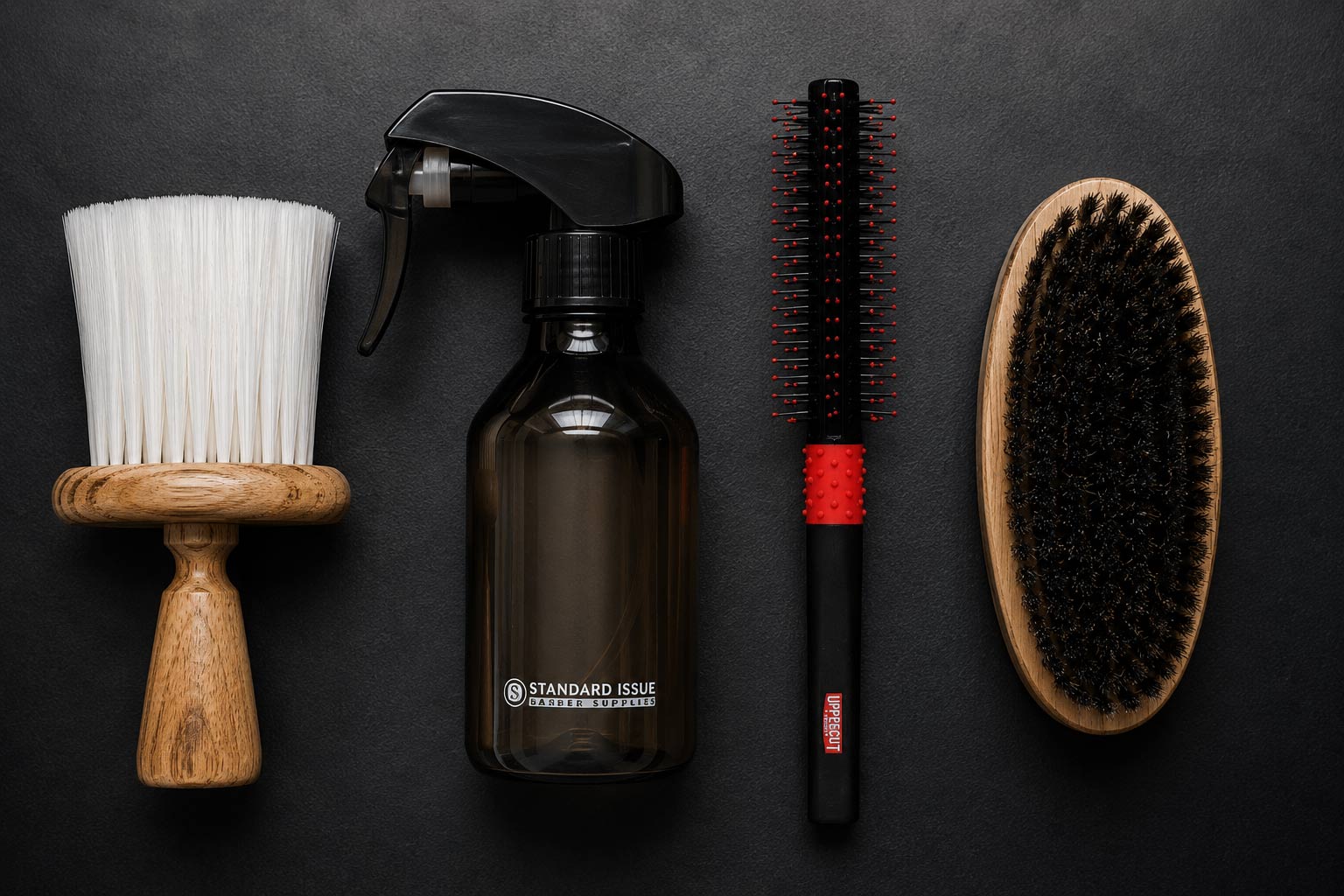 Набір перукарських аксесуарів: щітка-змітка для шиї Proraso Old Brush, розпилювач води Standard Issue, термостійка щітка Uppercut Deluxe Quiff Roller та щітка для бороди з натуральною щетиною кабана.